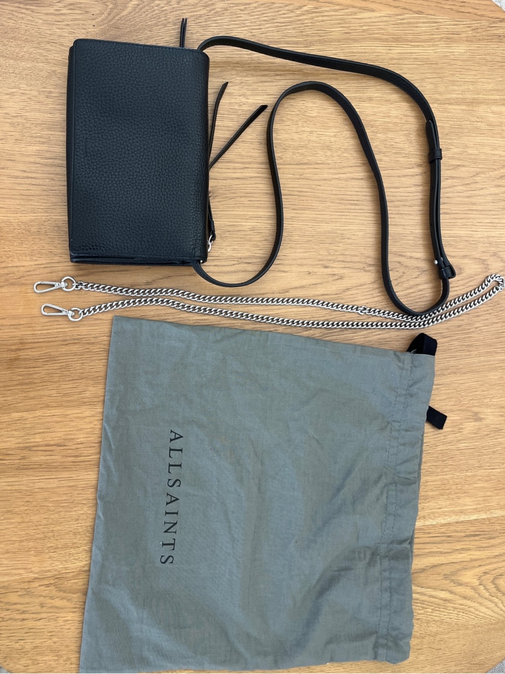AllSaints Black Pebbled Leather Crossbody Wallet with Chain and Leather Straps